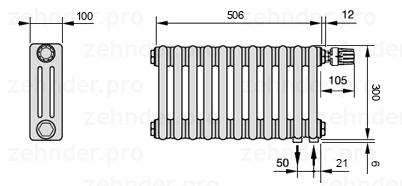 Схема (чертеж) Радиатор Zehnder Charleston 3030/11 №V002 Белый глянцевый RAL 9016